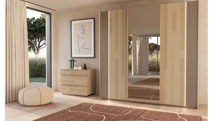Majestic - Armoire 2 portes bois et 1 porte miroir coulissantes 